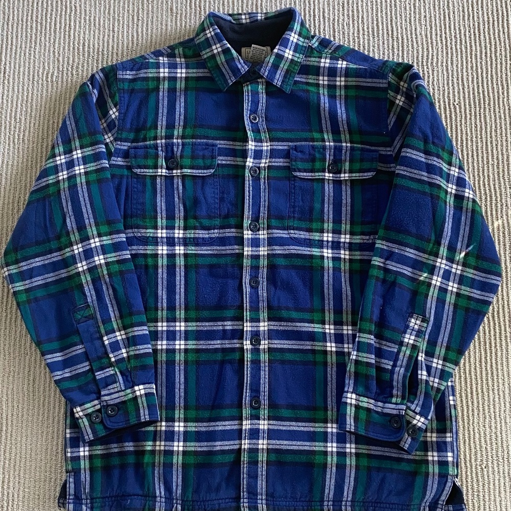 Men's L.L. Bean Sz M Fleece-Lined Flannel Shirt Plaid Blue and Green